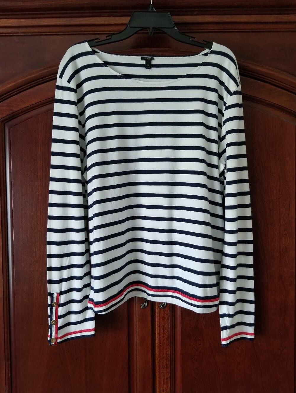 J. Crew Navy and White Striped Long-Sleeve Boatneck Top with Red Trim Size XL
